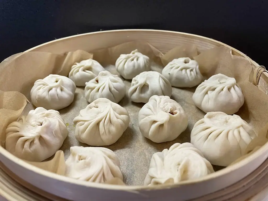 A steamer of buuz, Mongolian dumplings