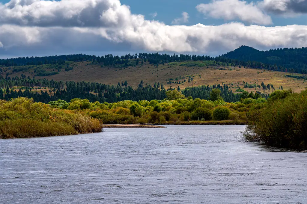 The Onon River winding past forested hills