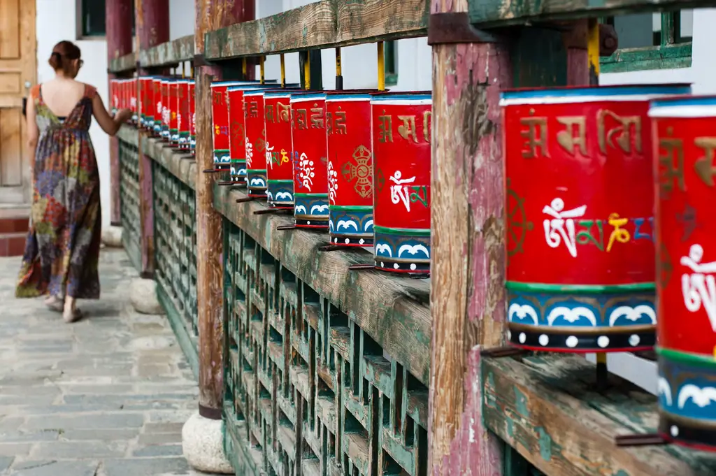 Prayer wheels at the Aryabal meditation temple